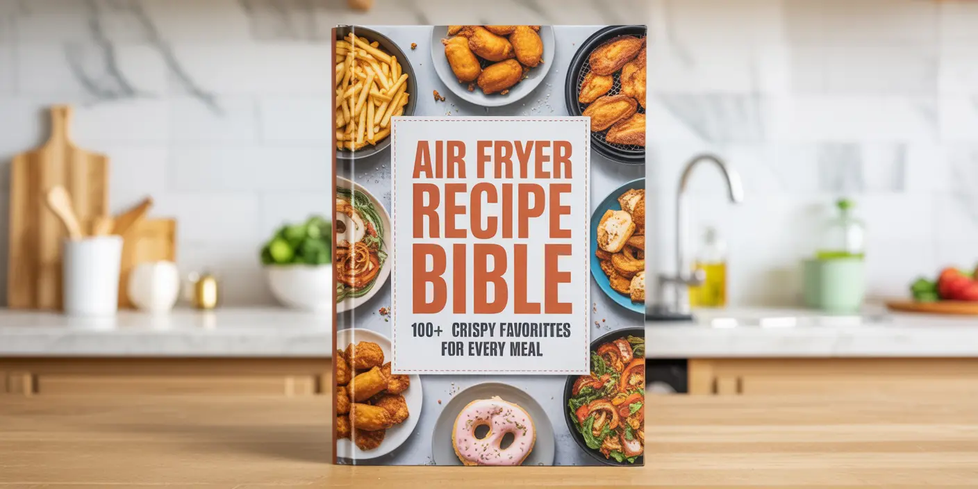 Air Fryer Recipe Bible cover displaying an assortment of delicious air fryer dishes and cooking tips.