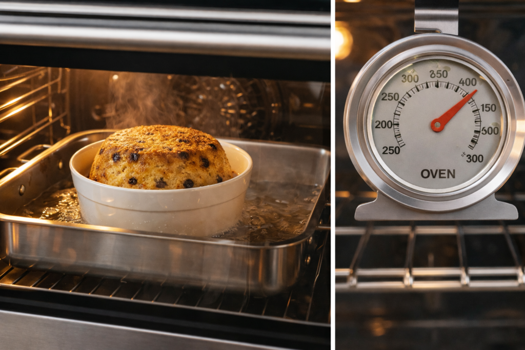 Baking spotted dick in a water bath