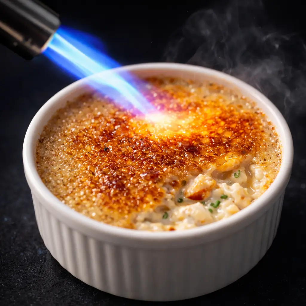 Dynamic action shot of a kitchen torch creating a bright blue flame over a ramekin of crab brûlée, the sugar beginning to caramelize and turn golden, shallow depth of field focusing on the torch interaction with the sugar, dark background emphasizing the flame, professional culinary lighting
