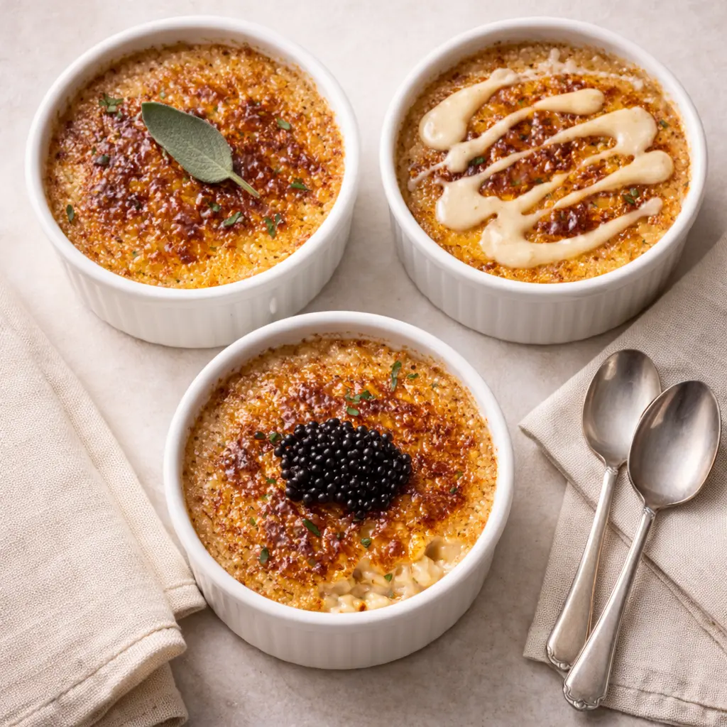 Overhead still life showing three variations of finished crab brûlée in white ceramic ramekins - one classic with sage garnish, one with champagne beurre blanc sauce drizzled artistically, one with caviar pearls on top, arranged on a neutral background with linen napkins and silver spoons, elegant fine dining presentation, soft window lighting