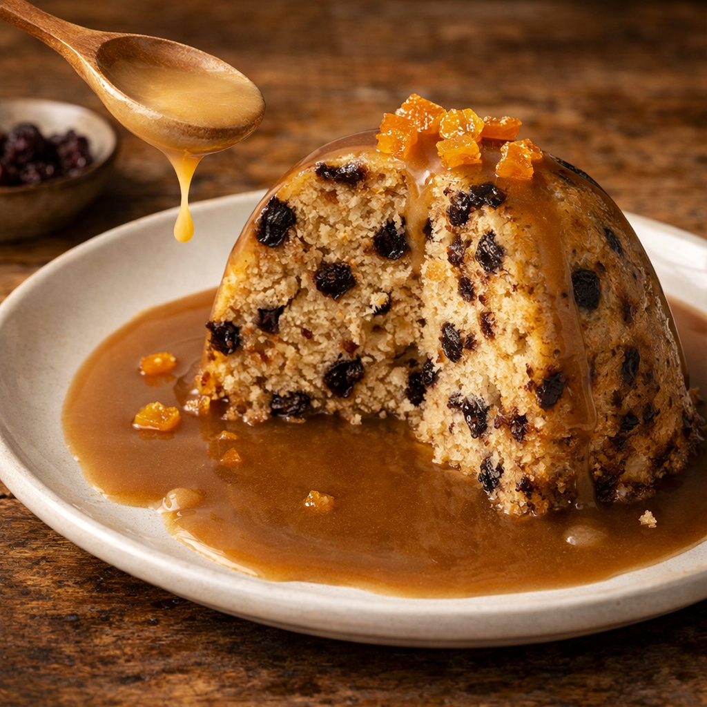 Vegan spotted dick with coconut custard