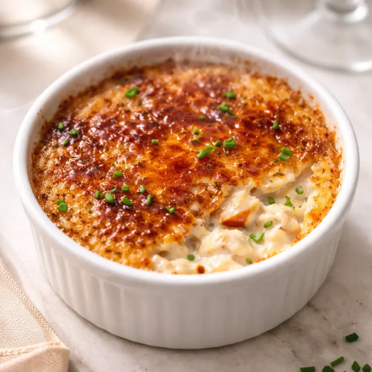 Close-up overhead shot of a finished crab brûlée in a white ceramic ramekin, showing the caramelized golden-brown sugar crust with visible cracks, fresh crab meat visible beneath the glassy surface, steam gently rising, soft focused background of an elegant dining table with wine glasses, professional culinary photography lighting