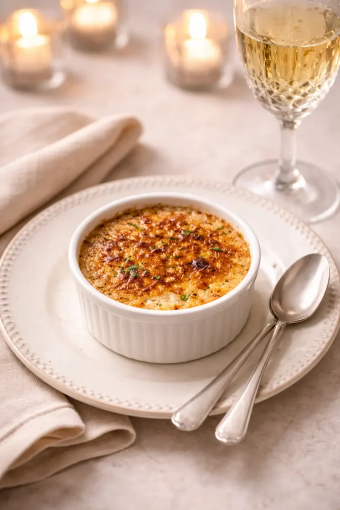 Elegant table setting showing a finished crab brûlée in white ramekin centered on an antique white plate, with a crystal wine glass filled with pale Champagne positioned to the upper right, linen napkin artfully folded, fine dining silverware, soft candlelit ambient lighting, shallow depth of field creating blurred elegant background