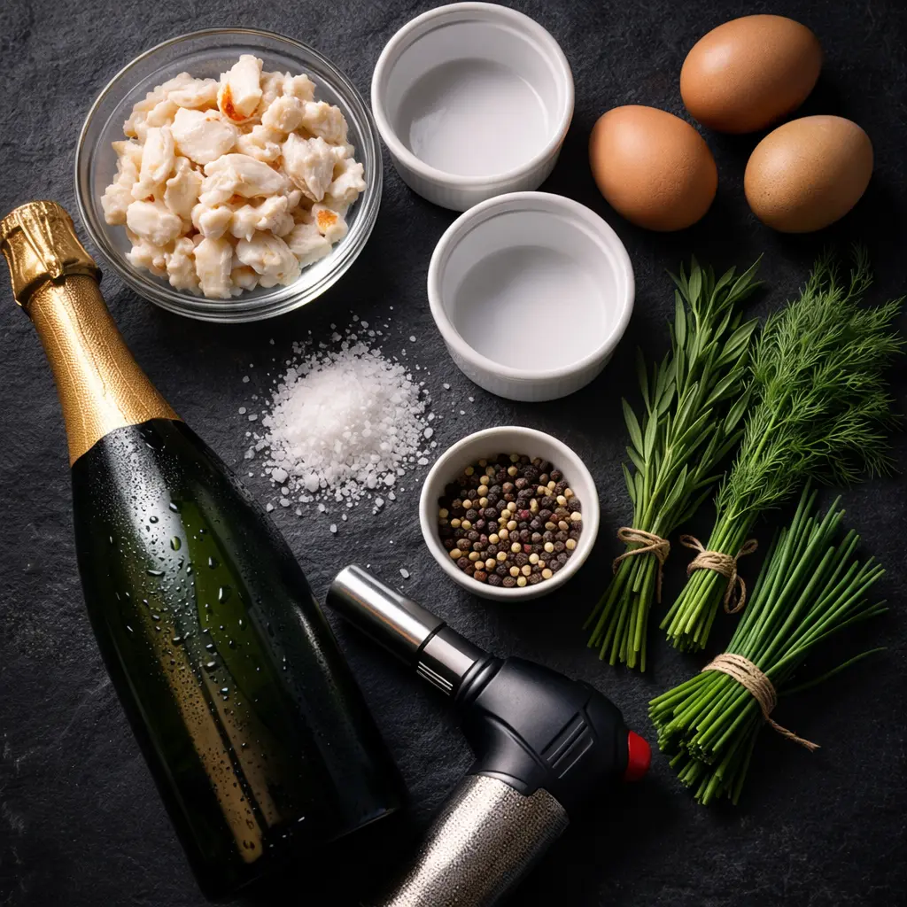 Flat lay of premium ingredients arranged artfully on a dark slate surface - fresh lump crab meat in a small glass bowl, Champagne bottle with condensation, white ceramic ramekins, organic eggs, fresh herbs (tarragon, dill, chives) in small bundles, sea salt, whole peppercorns, and a kitchen torch, professional food styling with warm ambient lighting