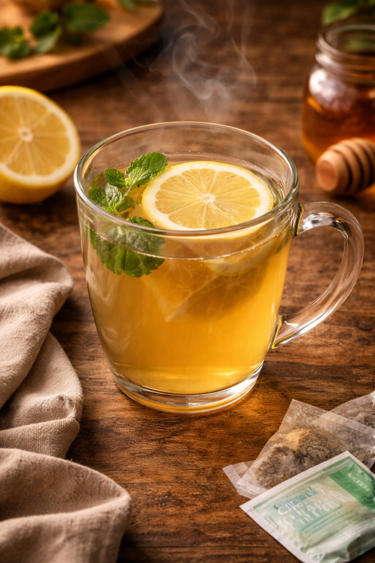 steaming medicine ball tea on wood