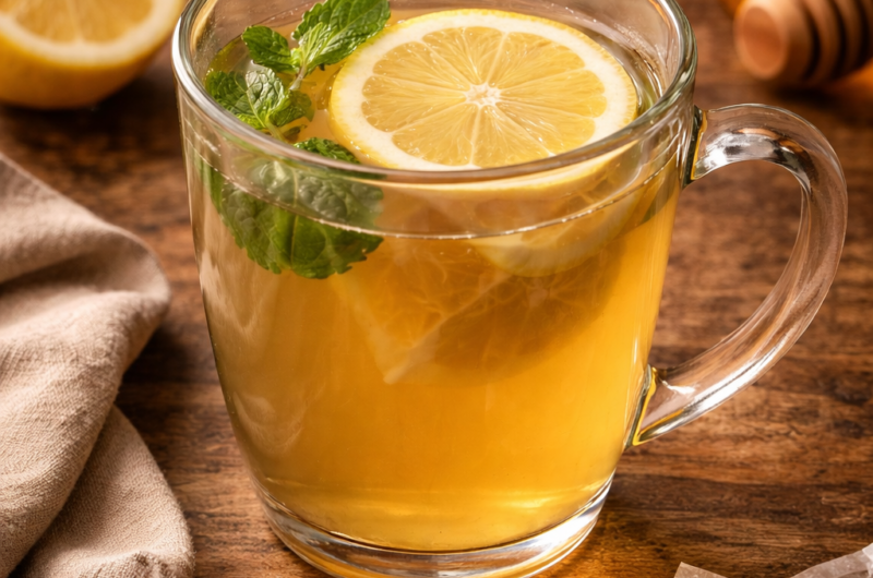 steaming medicine ball tea on wood