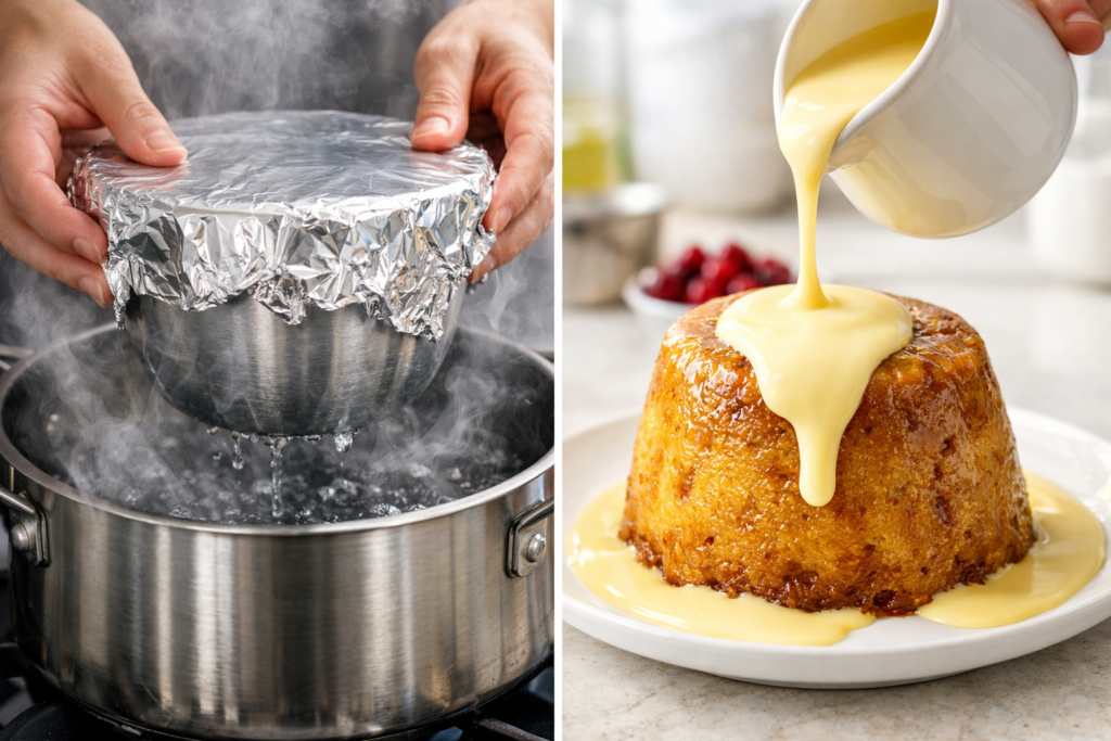 steaming pudding and creamy custard