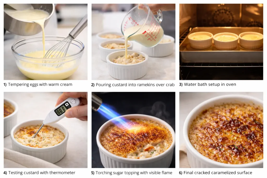 Step-by-step grid showing 6 instructional images - 1) Tempering eggs with warm cream, 2) Pouring custard into ramekins over crab, 3) Water bath setup in oven, 4) Testing custard with thermometer, 5) Torching sugar topping with visible flame, 6) Final cracked caramelized surface, bright professional kitchen lighting, sharp technical focus