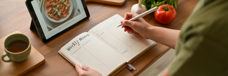 Person meal planning at a kitchen table.
