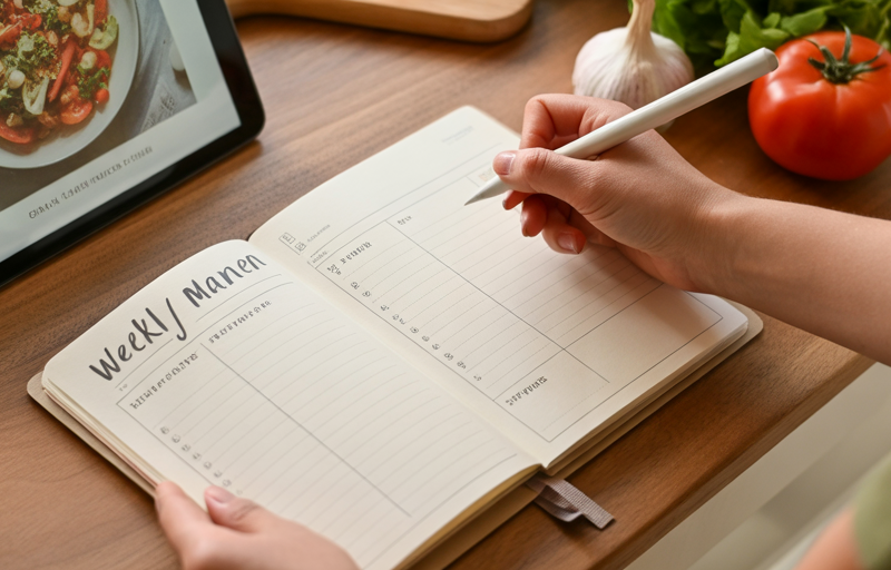 Person meal planning at a kitchen table.