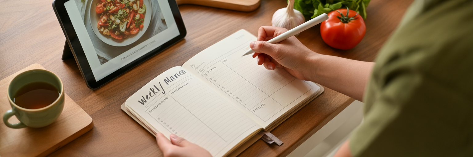 Person meal planning at a kitchen table.